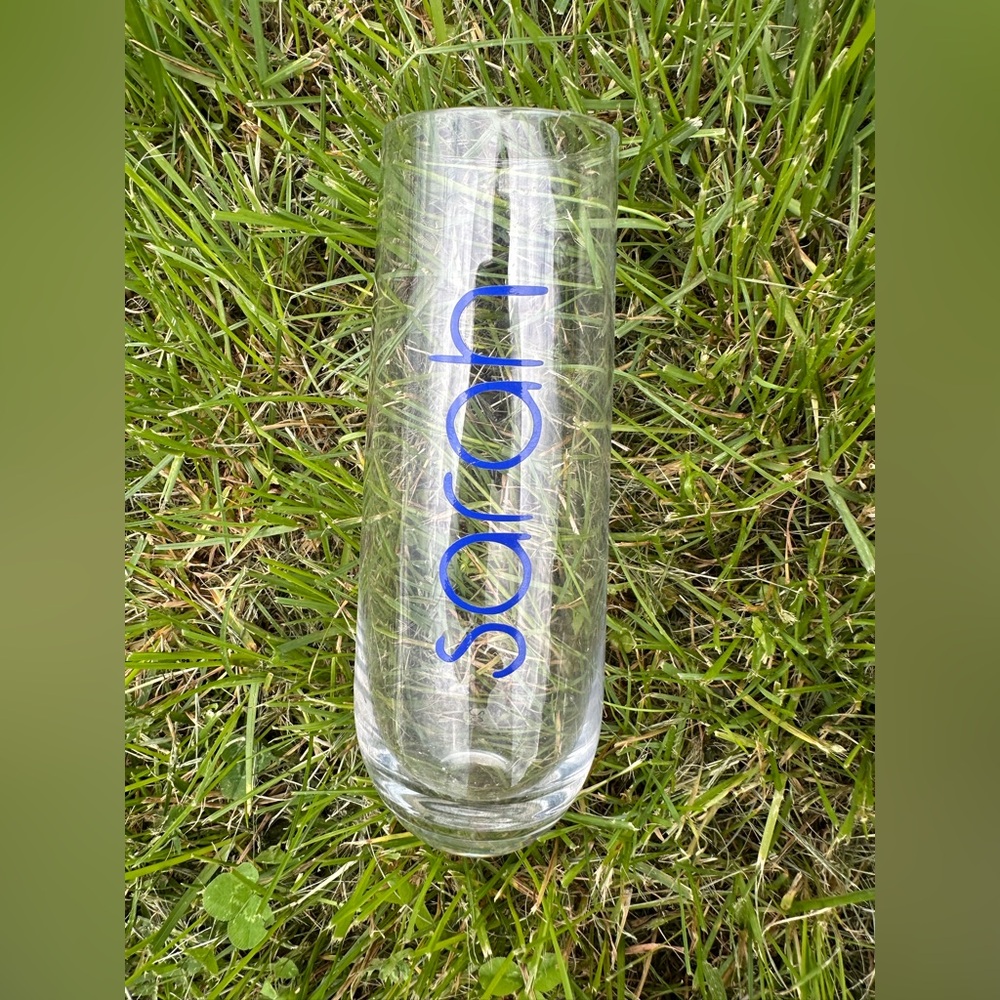 Personalized Name- Sarah- Clear Glass Vase with Blue lettering- New!